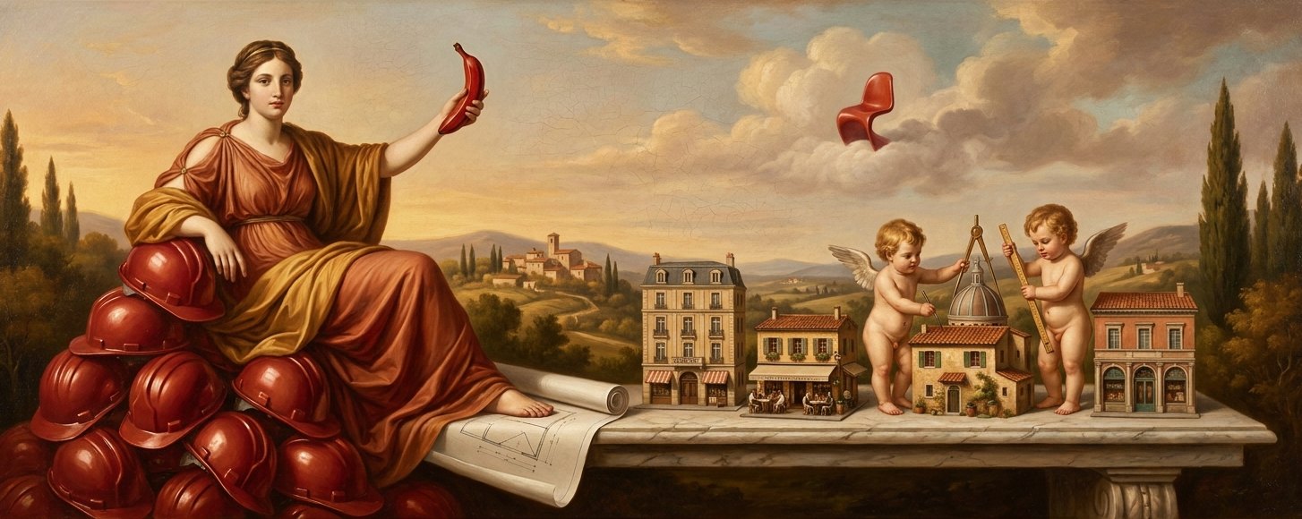 Allégorie peinte : une muse assise sur des casques de chantier rouges brandit une banane, deux putti mesurent une ville miniature